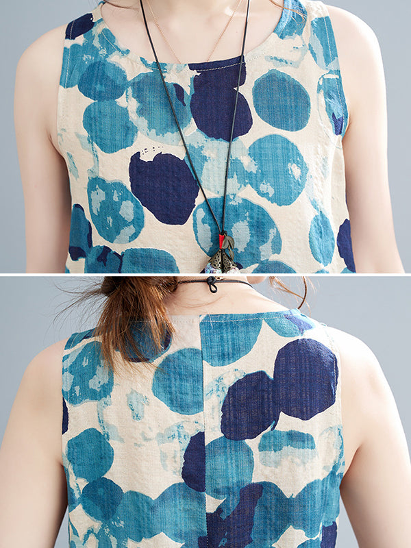 Polka-Dot Loose Sleeveless Round-Neck Maxi Dresses