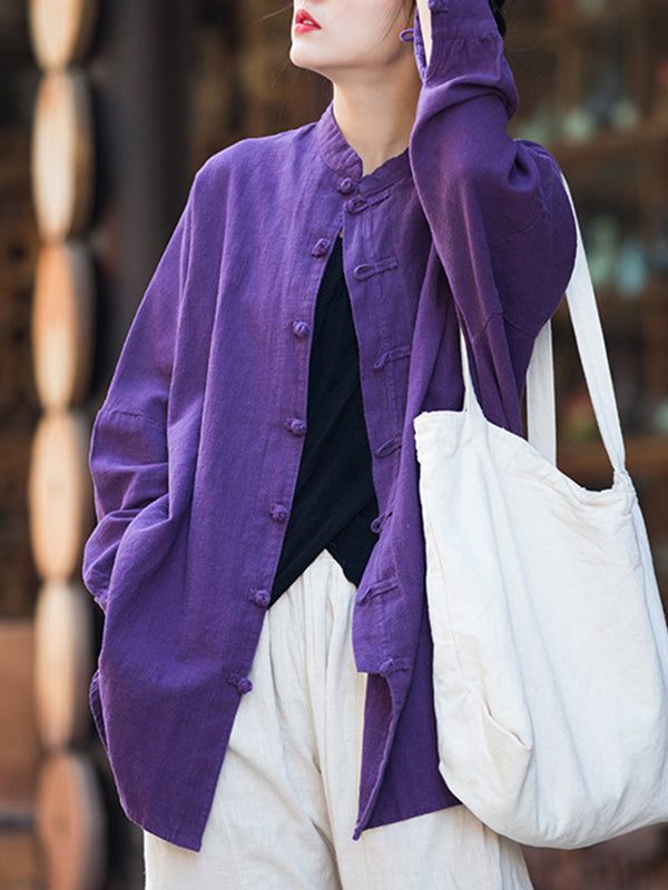 Chinese Frog Buttons Pleated Solid Color Split-Joint Batwing Sleeves Loose Stand Collar Blouses