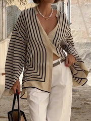Buttoned Striped Long Sleeves Loose Stand Collar Blouses&Shirts Tops