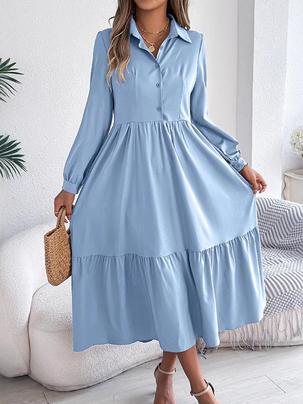 Pleated Ruffled Solid Color High Waisted Long Sleeves Lapel Shirt Dress Midi Dresses