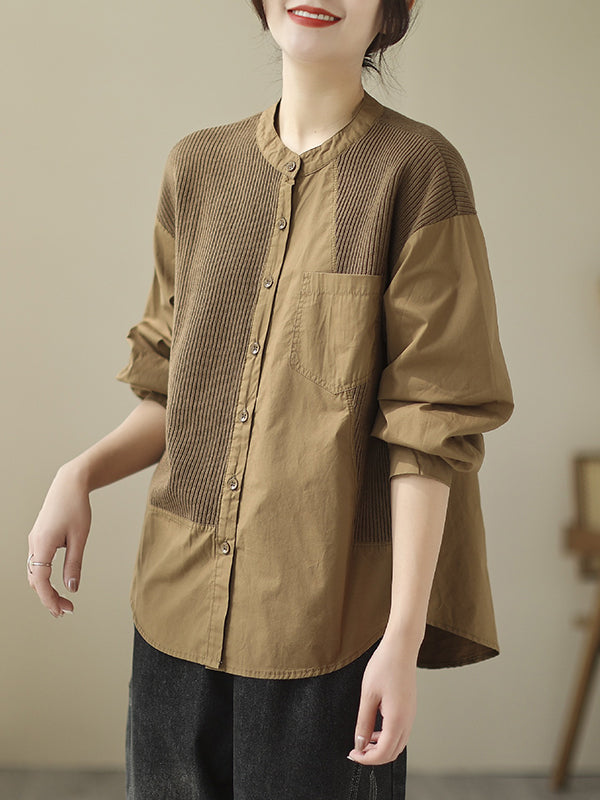 Asymmetric Buttoned Pockets Split-Joint Long Sleeves Loose Round-Neck Blouses&Shirts Tops
