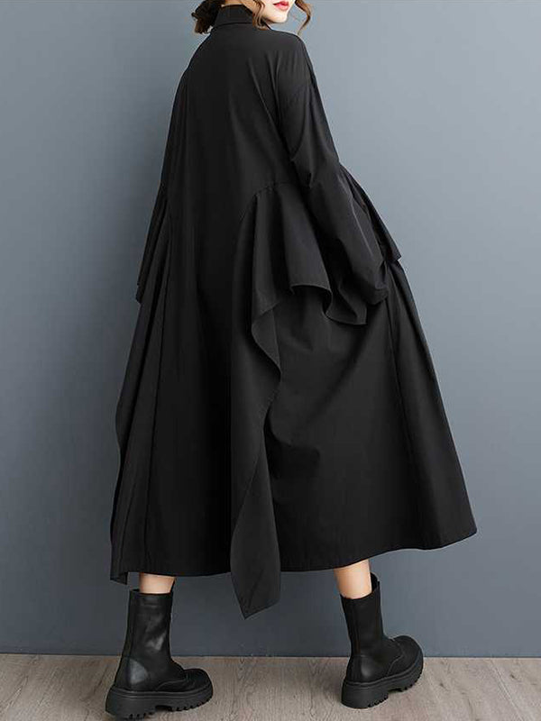 Buttoned Pockets Ruffle Trim Solid Color A-Line Long Sleeves Lapel Midi Dresses