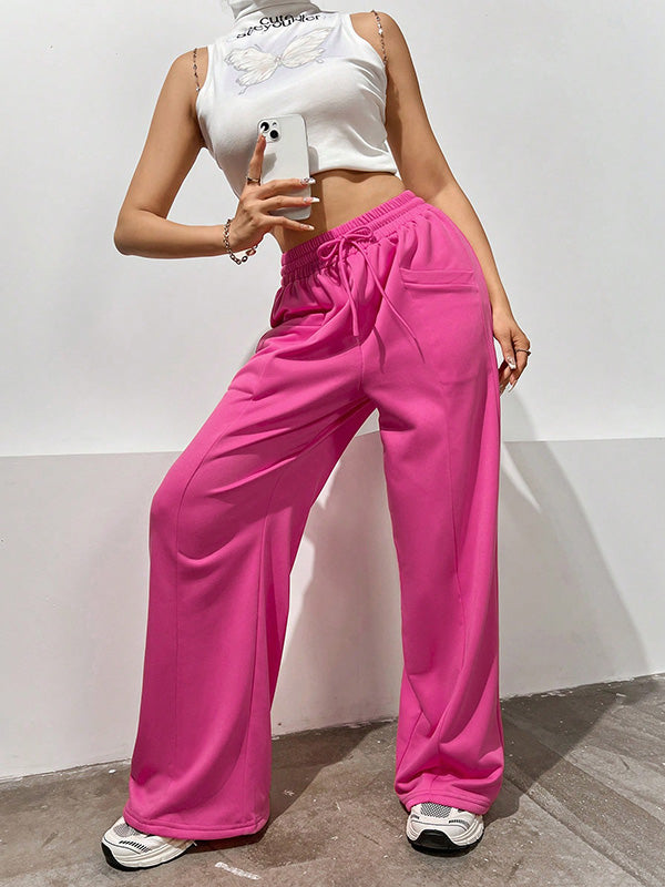 Drawstring Elasticity Solid Color High Waisted Loose Trousers Pants