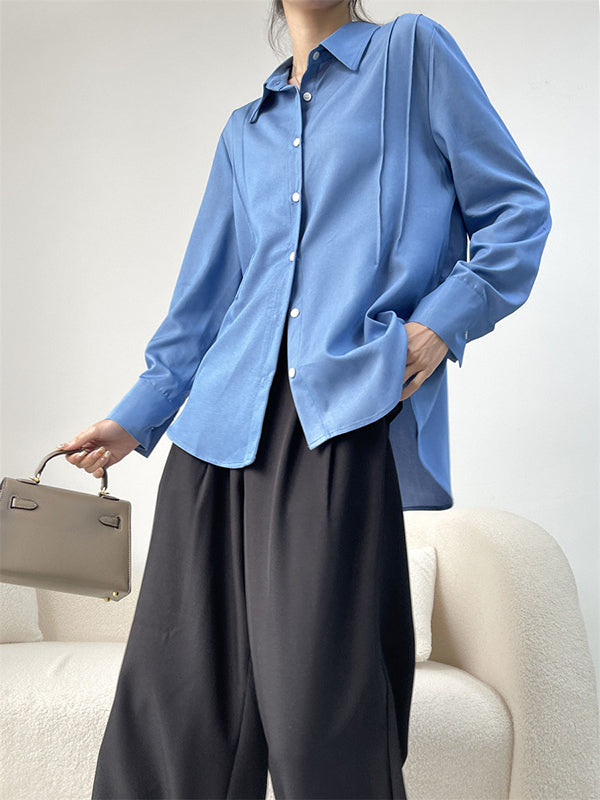 Pleated Split-Joint Long Sleeves Loose Lapel Blouses&Shirts Tops
