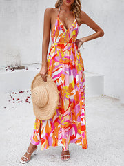Backless Elasticity Pleated Printed Split-Side Tied High Waisted Sleeveless Halter-Neck Maxi Dresses