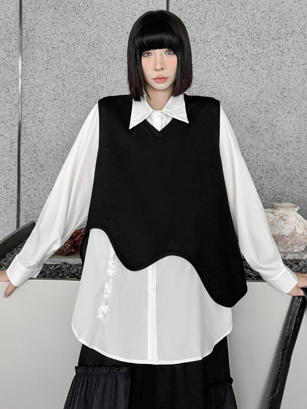 Buttoned Falbala Ruffled Solid Color Split-Joint Hipster Long Sleeves Lapel Blouses&shirts Tops