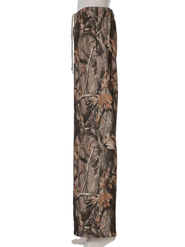 Drawstring Elasticity Printed High Waisted Loose Trousers Pants