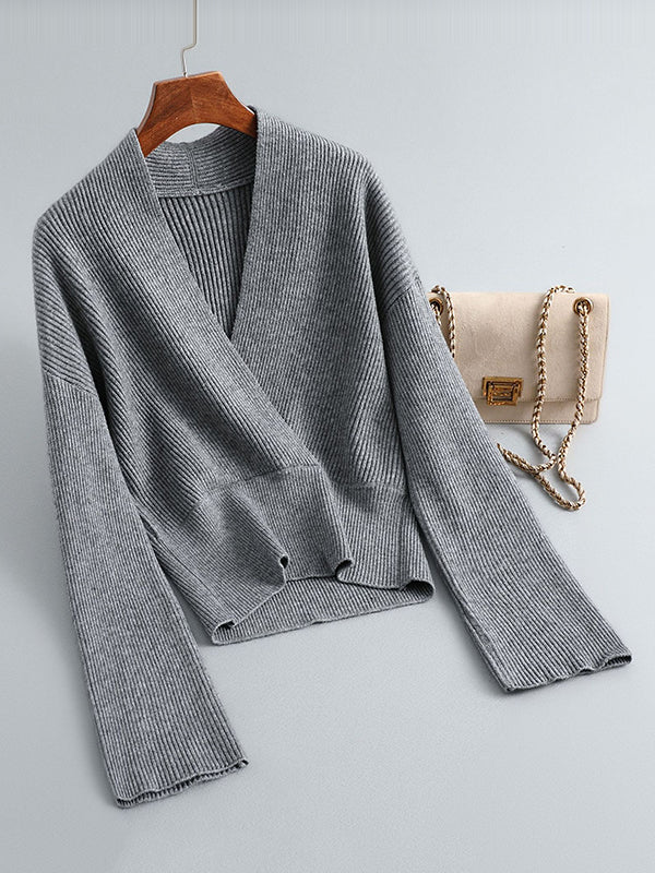 Asymmetric Solid Color Long Sleeves V-Neck Sweater Pullovers Knitwear