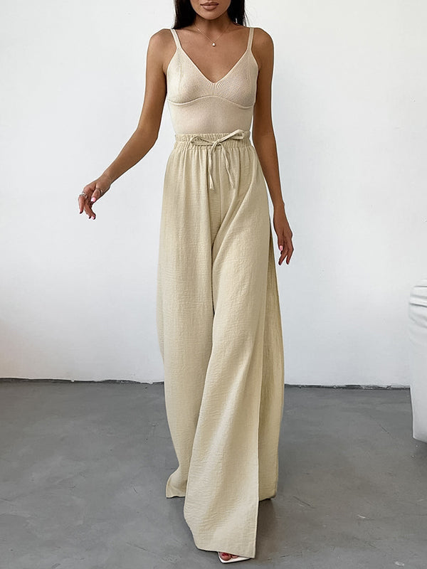 Drawstring Elasticity Solid Color Split-side High Waisted Loose Trousers Pants