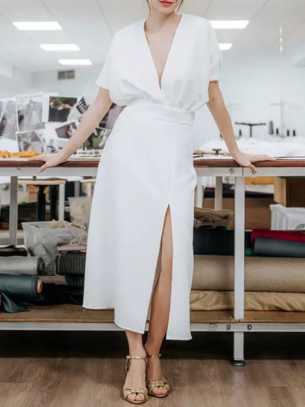 Backless Solid Color Split-Side Batwing Sleeves Loose Deep V-Neck Midi Dresses