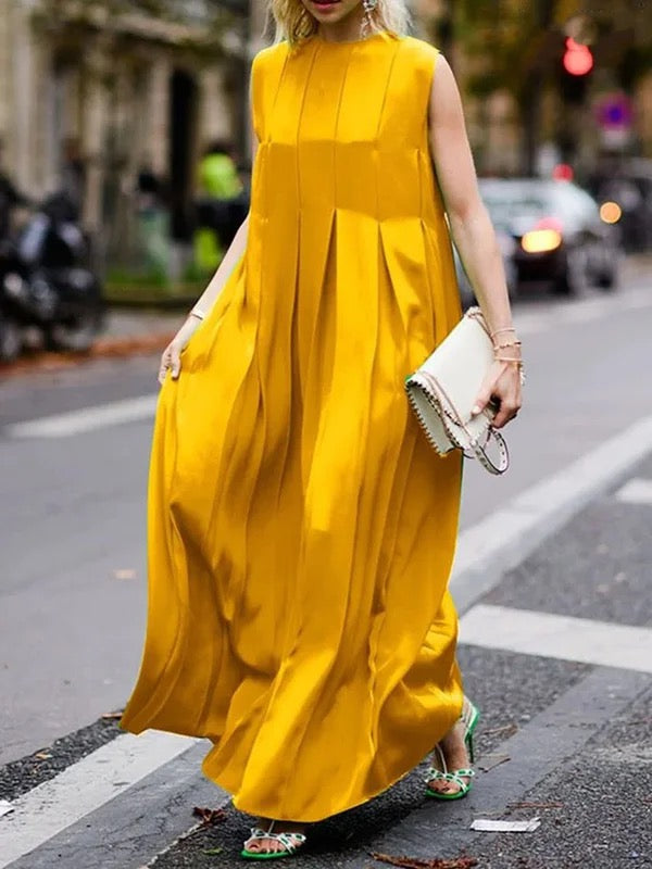 Pleated Solid Color Split-Joint A-Line Loose Round-Neck Maxi Dresses