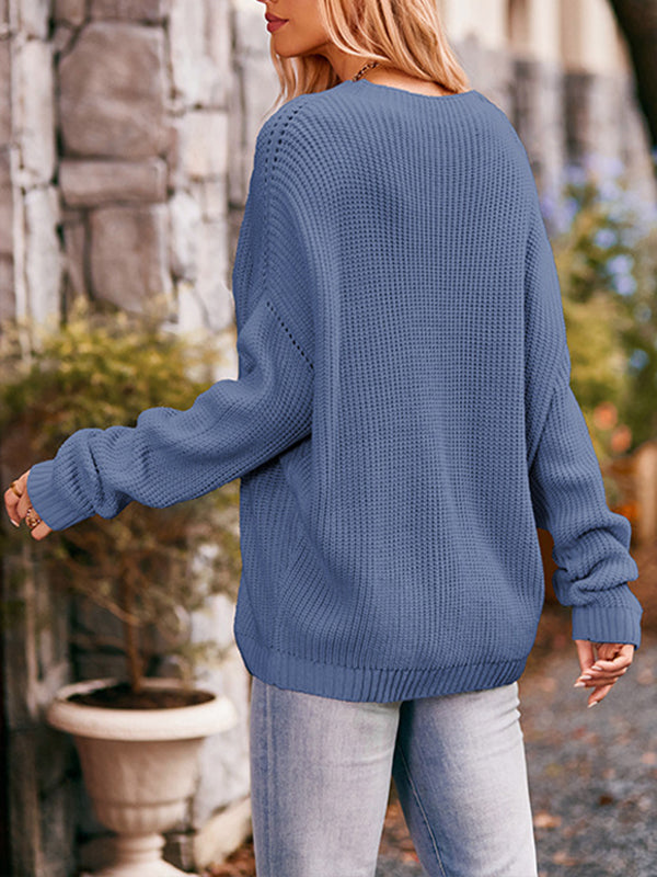 Hollow Pockets Solid Color Batwing Sleeves Long Sleeves Round-Neck Sweater Tops Pullovers Knitwear