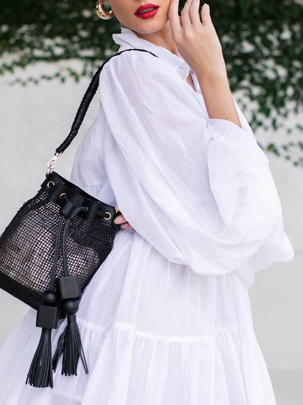 Pleated See-Through Solid Color Split-Joint Loose Puff Sleeves Lapel Shirt Dress Mini Dresses