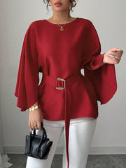 Split-Joint Tied Waist Batwing Sleeves Round-Neck Blouses&Shirts Tops