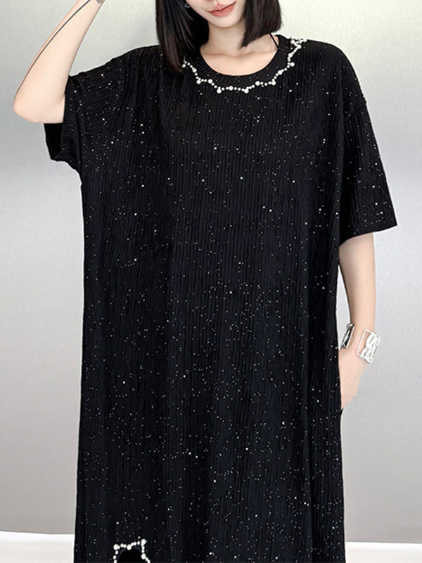 Asymmetric Beaded Shiny Split-Joint Loose Short Sleeves Round-neck Midi Dresses