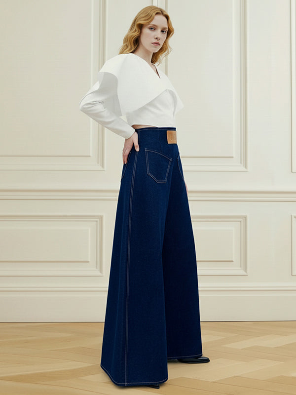 High Waisted Loose Elasticity Pockets Solid Color Zipper Jean Pants Bottoms