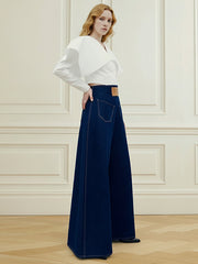 High Waisted Loose Elasticity Pockets Solid Color Zipper Jean Pants Bottoms
