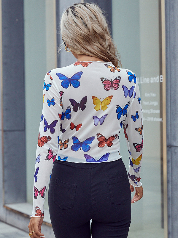 Butterfly Print Mesh Long Sleeves Skinny Round-Neck T-Shirts Tops