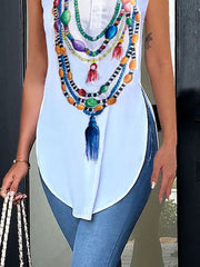 Printed Split-Joint Split-side Loose Sleeveless Stand Collar Vest Top Blouses