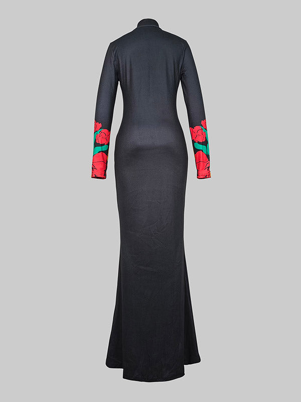 Flower Print Multi-Colored Skinny High Neck Maxi Dresses