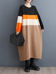 Contrast Color Elasticity Split-Joint A-Line Long Sleeves Round-Neck Midi Dresses