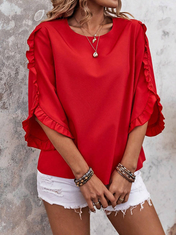Ruffle Trim Solid Color Loose Three-Quarter Sleeves Round-Neck T-Shirts Tops