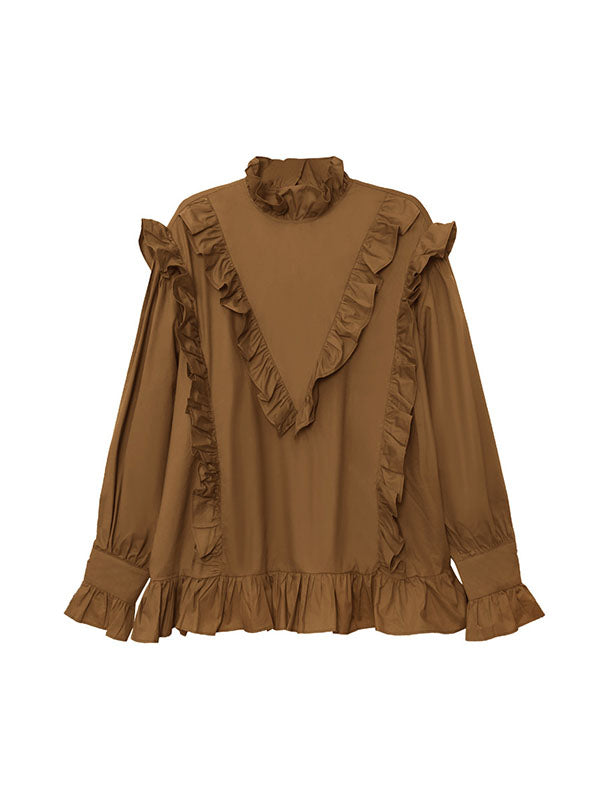 Buttoned Ruffled Solid Color Long Sleeves Loose Stand Collar Blouses&Shirts Tops