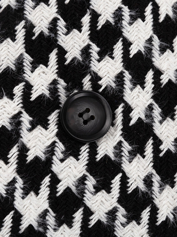 Houndstooth Split-back Split-Joint Tied Waist Long Sleeves Loose Lapel Trench Coats
