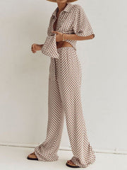 Plaid Printed Half Sleeves Loose Lapel Shirts&Pants Two Pieces Set