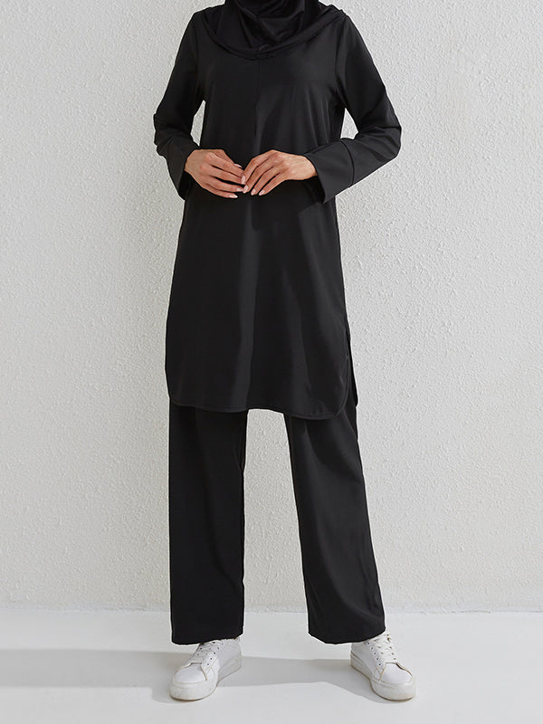 Round-Neck Long Sleeves Pockets Solid Color Split-Side Shirts Top + Pants Bottom Two Pieces Set