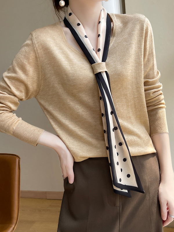 Polka-Dot Ribbon Long Sleeves Loose V-Neck Sweater Tops Pullovers