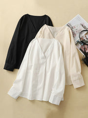 Pockets Solid Color Long Sleeves Loose V-Neck Blouses&Shirts Tops