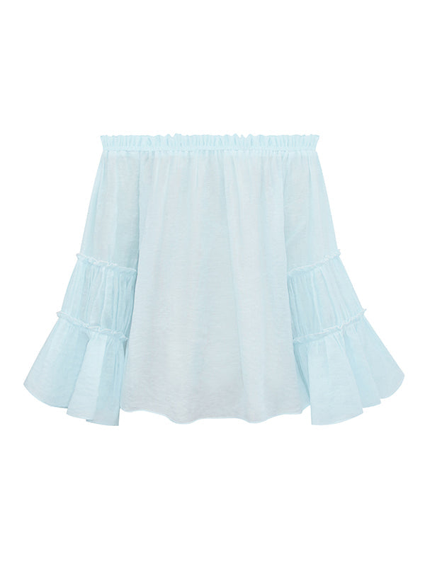 Urban Solid Color Pleated Puff Sleeves Off-The-Shoulder Blouse