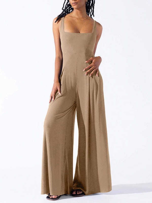 Pleated Solid Color Loose Sleeveless Spaghetti-Neck Jumpsuits