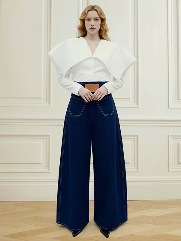 High Waisted Loose Elasticity Pockets Solid Color Zipper Jean Pants Bottoms