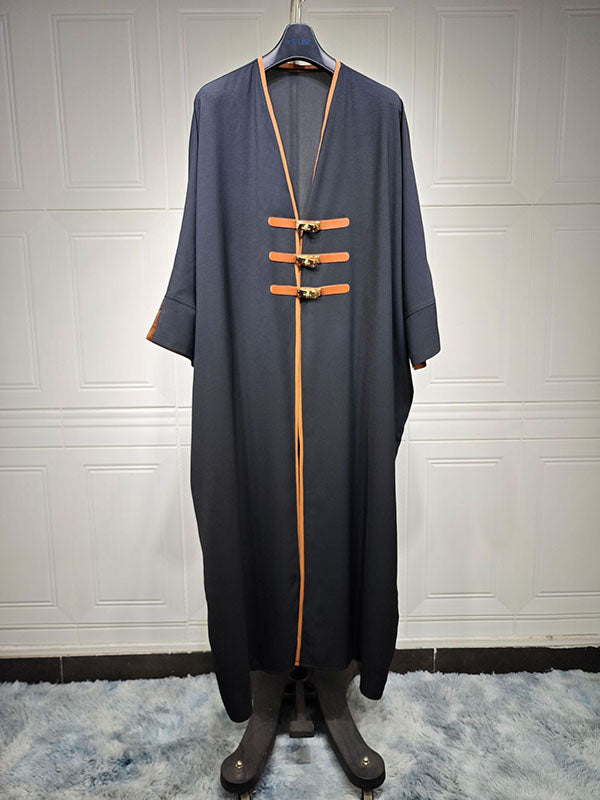 Contrast Color Muslim Split-Joint Loose V-neck Muslim Abaya Cover-Ups Tops