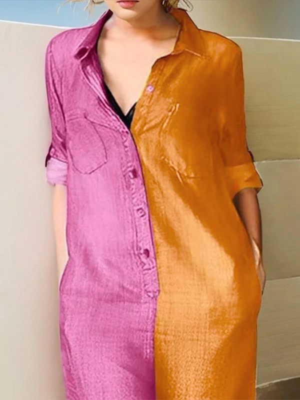 Long Sleeves Loose Buttoned Contrast Color Lapel Collar Maxi Dresses