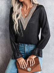 Elasticity Hollow Jacquard Leopard Split-Joint Long Sleeves Loose V-Neck Blouses&Shirts Tops