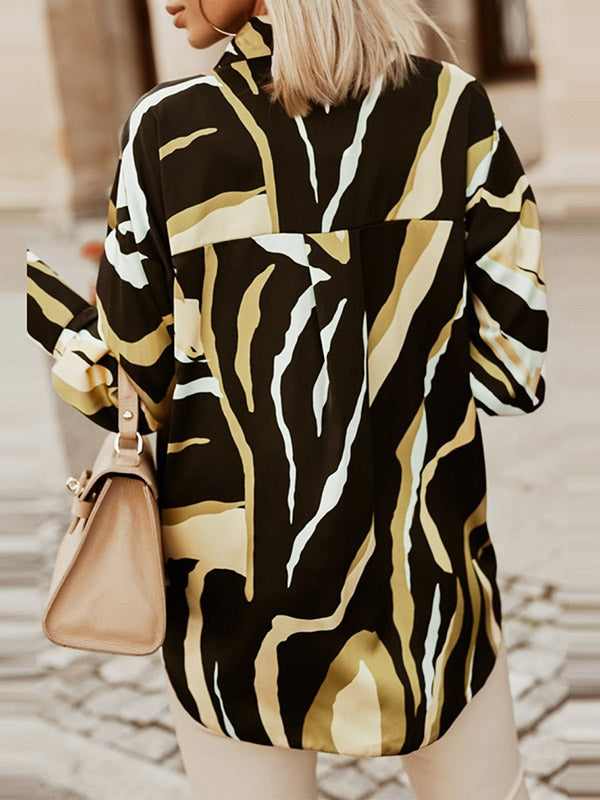 Buttoned Printed Long Sleeves Loose Lapel Blouses&Shirts Tops
