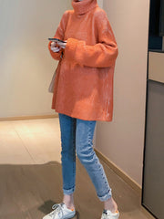 Original Loose Contrast Color High-Neck Long Sleeves Sweater Tops