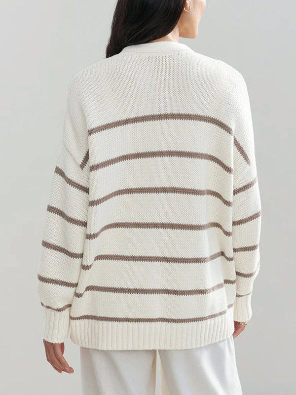 Split-Joint Striped Long Sleeves Loose V-neck Cardigan Tops