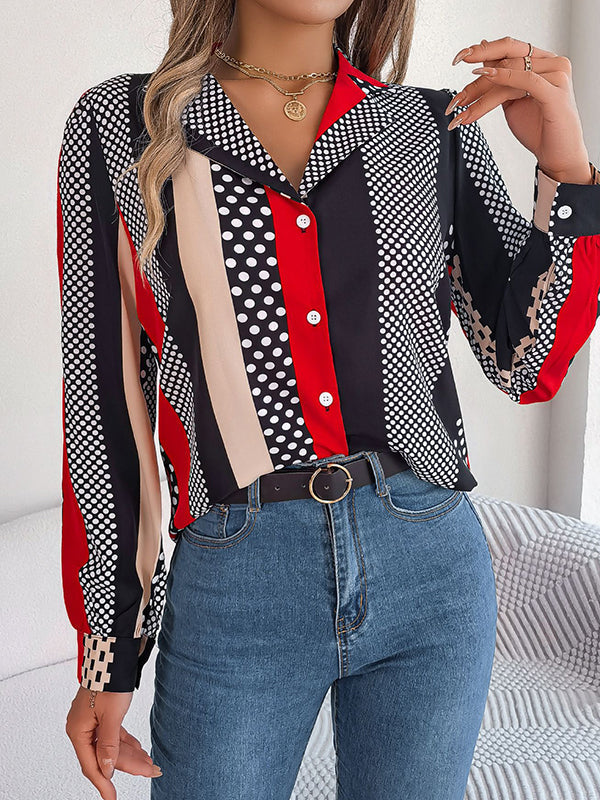 Buttoned Contrast Color Polka-Dot Long Sleeves Notched Collar Blouses&Shirts Tops