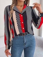 Buttoned Contrast Color Polka-Dot Long Sleeves Notched Collar Blouses&Shirts Tops
