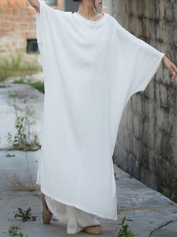 Solid Color Split-Joint Split-Side Batwing Sleeves Round-Neck Midi Dresses