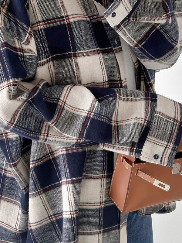 Plaid Split-Joint Long Sleeves Loose Lapel Blouses&Shirts Tops