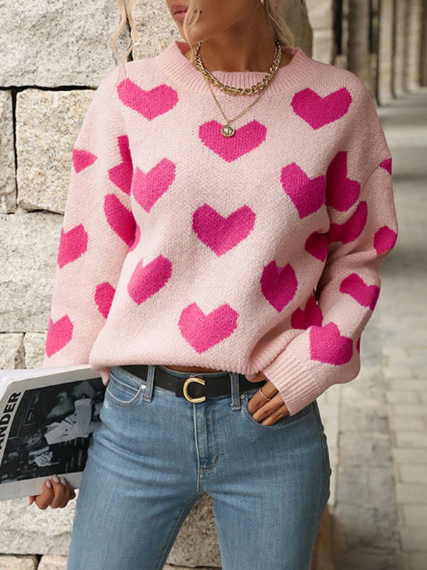 Heart Print Jacquard Split-Joint Long Sleeves Loose Round-Neck Sweater Tops Pullovers