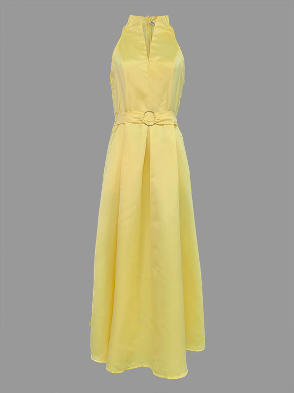 Belted Pleated Pockets Solid Color A-line Loose V-neck Midi Dresses