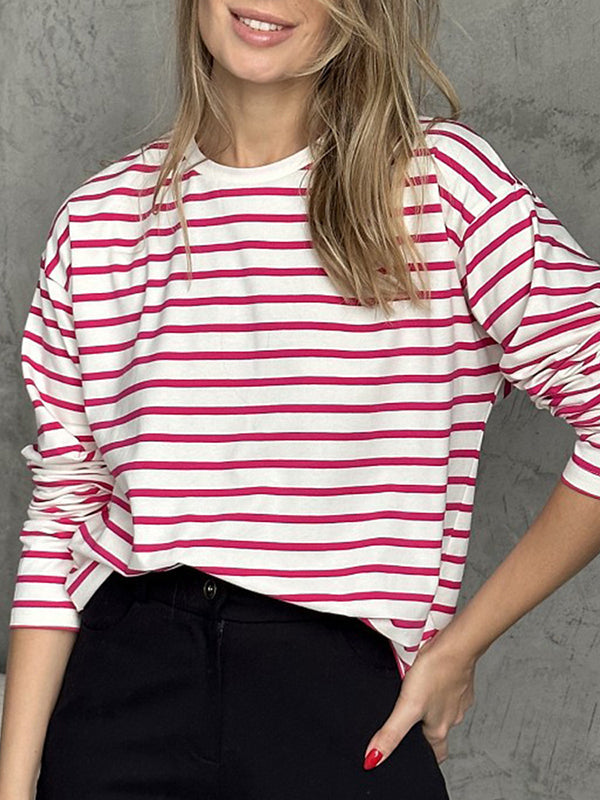 Striped Long Sleeves Loose Round-Neck T-Shirts Tops
