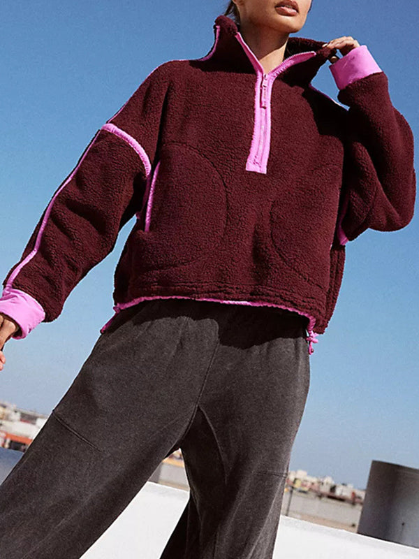 Split-Joint Velvet Zipper Long Sleeves Loose Stand Collar Sweatershirt