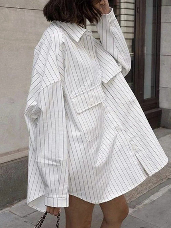 Buttoned Striped Long Sleeves Loose Lapel Blouses&Shirts Tops